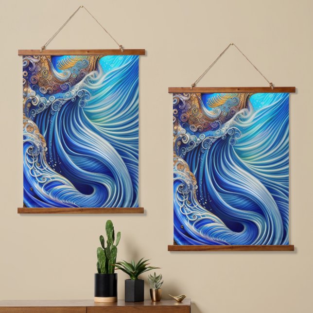 Blue with Gold Abstract Ocean Waves Artwork  Hanging Tapestry (Asymmetrical)