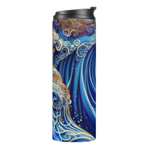 Blue with Gold Abstract Ocean Waves Artwork Thermal Tumbler