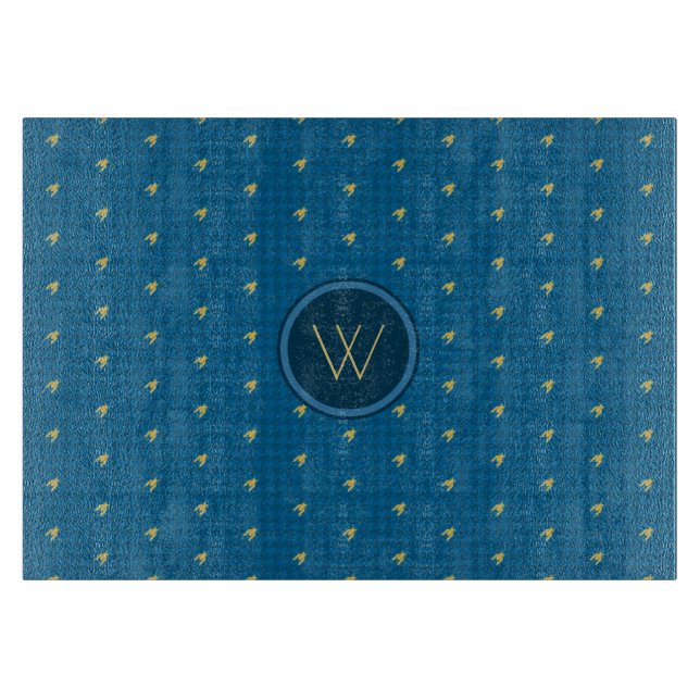 Blue with Gold Accent Houndstooth Cutting Board (Front)