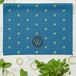 Blue with Gold Accent Houndstooth Kitchen Towel