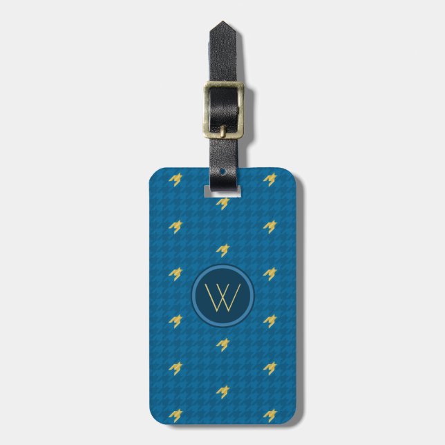 Blue with Gold Accent Houndstooth Luggage Tag (Front Vertical)