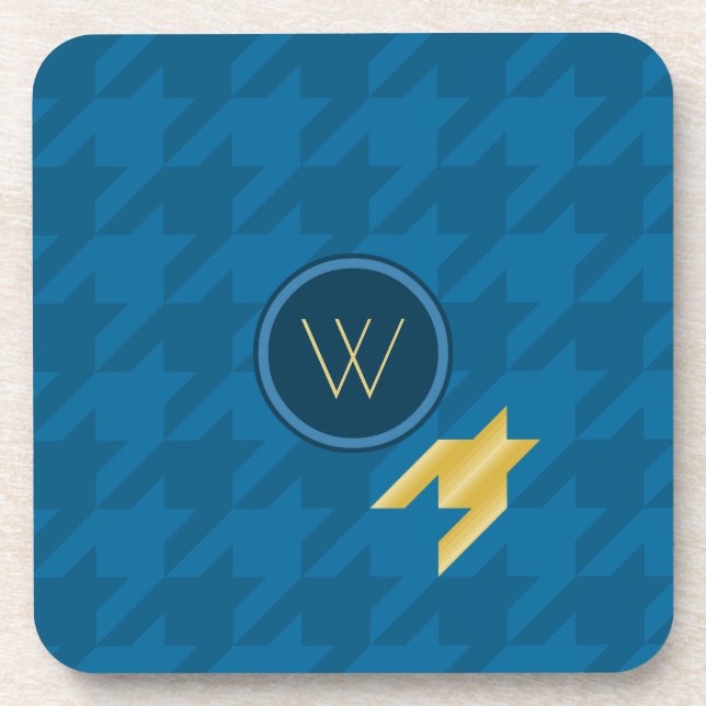 Blue with Gold Accent Houndstooth Square Coaster (Front)