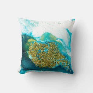 Blue with gold glitter fluid art, creative abstrac cushion