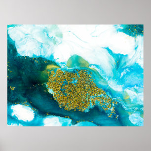 Blue with gold glitter fluid art, creative abstrac poster