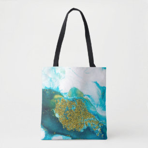 Blue with gold glitter fluid art, creative abstrac tote bag