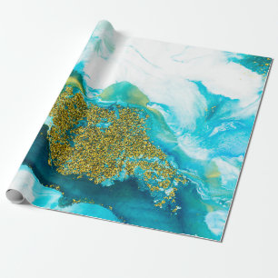Blue with gold glitter fluid art, creative abstrac wrapping paper
