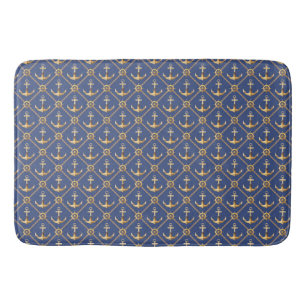 BLUE WITH GOLD NAUTICAL ANCHORS AND ROPES BATH MAT