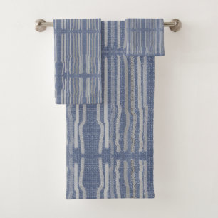 Blue with Grey Stiped Pattern Bath Towel Set