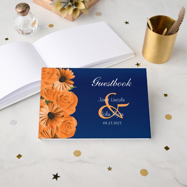 Blue with Orange Rose & Daisy  Guestbook (Front Open)