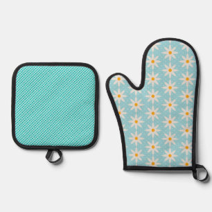 BLUE WITH ORANGE & WHITE DAISY FLOWERS OVEN MITT & POT HOLDER SET