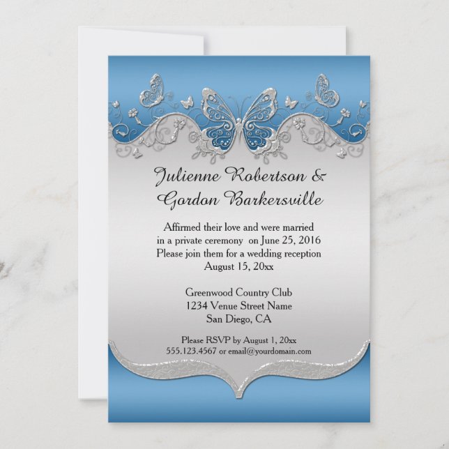 Blue with Ornate Silver Butterflies Post Wedding Invitation (Front)