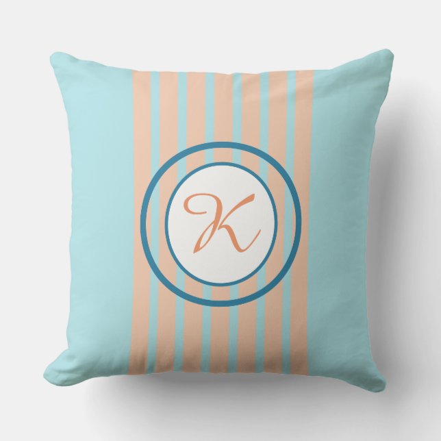 Blue With Peach Stripes And Circle Monogram Cushion (Front)