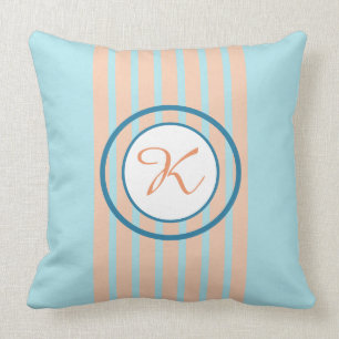 Blue With Peach Stripes And Circle Monogram Cushion