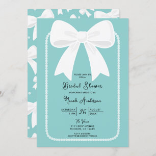 Blue With Pearls White Bows Coquette Bridal Shower Invitation