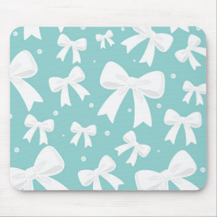 Blue With Pearls & White Bows Coquette Mouse Pad