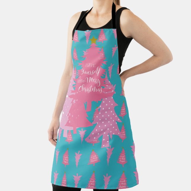 BLUE WITH PINK CHRISTMAS TREES APRON (Insitu)