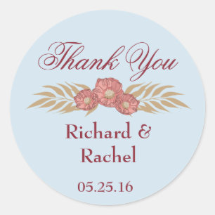 Blue with pink floral accent Thank You Classic Round Sticker