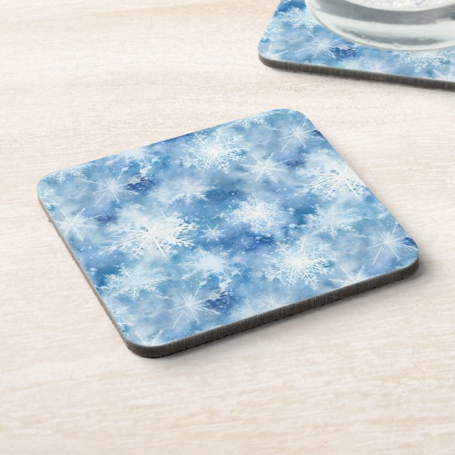 Blue with Snowflakes Watercolor Style Coaster (Left Side)