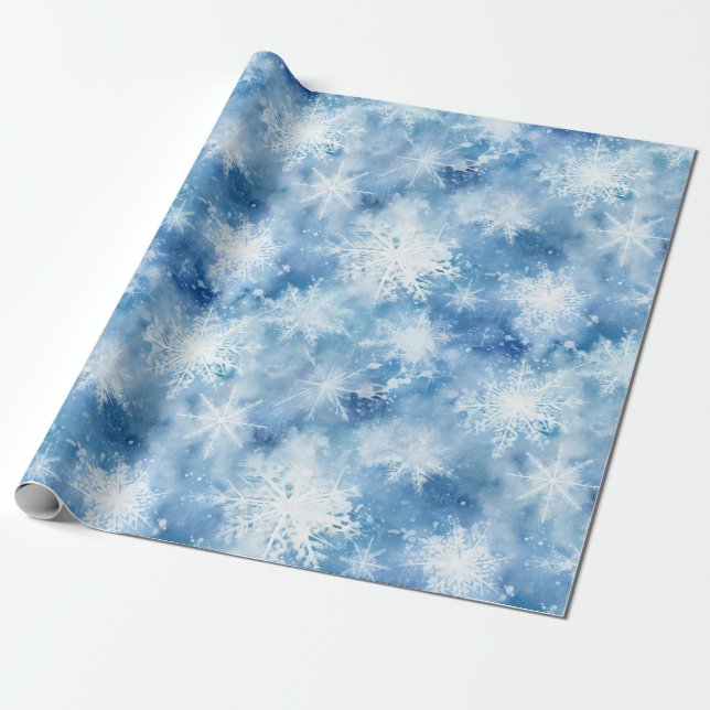 Blue with Snowflakes Watercolor Style Wrapping Paper (Unrolled)