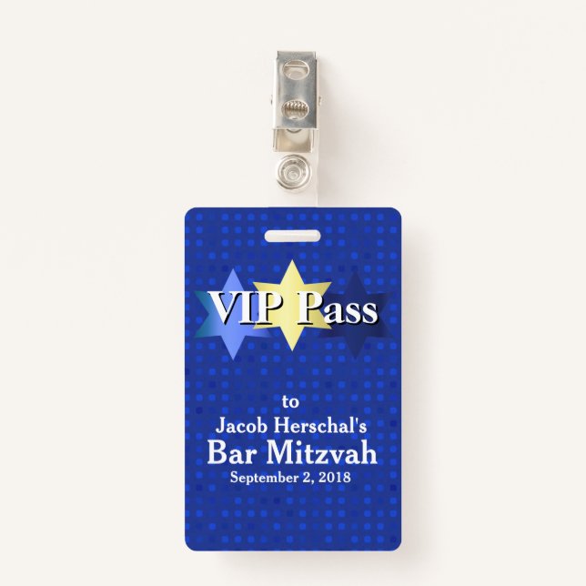 Blue with Stars Bar Mitzvah VIP Party Badge ID Badge (Front with Clip)
