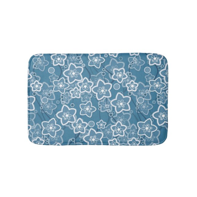 blue with white, blue, flowers, floral, rustic, fa bath mat (Front)