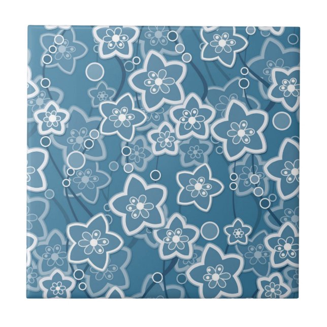blue with white, blue, flowers, floral, rustic, fa ceramic tile (Front)