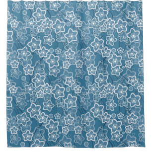 blue with white, blue, flowers, floral, rustic, fa shower curtain