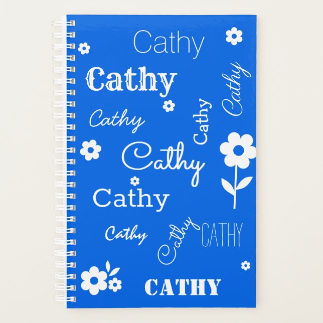 Blue with White Flowers, Custom Name Planner (Front)