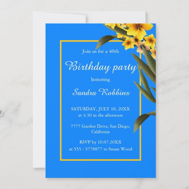 Blue with yellow flower birthday invitation (Front)