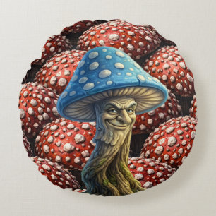 Blue wizard, mushroom whimsical forest fantasy round cushion