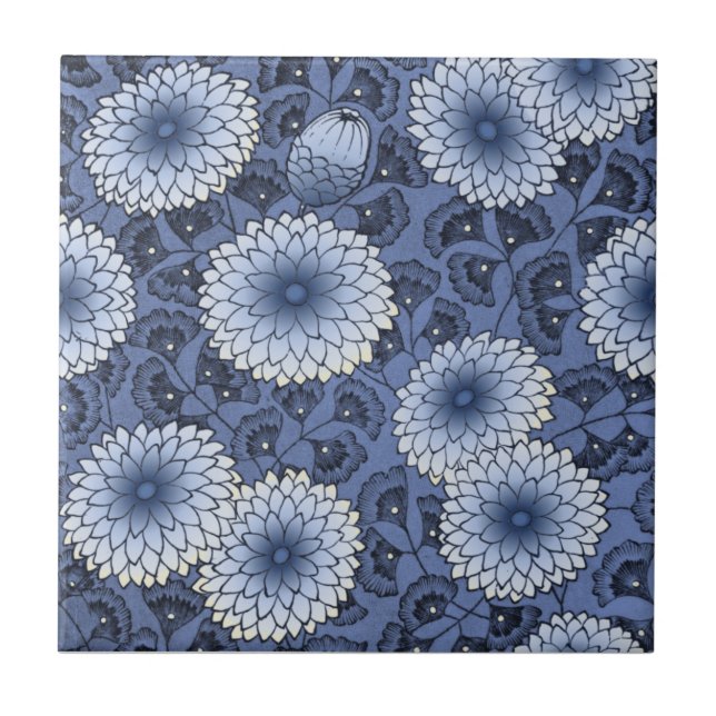 Blue Wm Morris Arts & Crafts Chrysanthemum Repro Ceramic Tile (Front)
