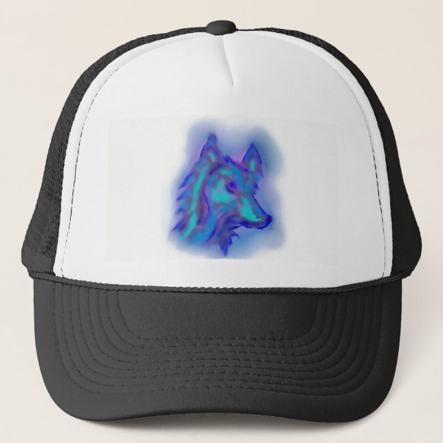 BLUE WOLF BALL CAP/HAT DESIGN TRUCKER HAT (Front)