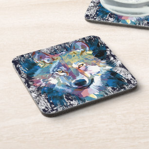 Blue Wolf Beverage Coaster   Colourful Wolf Drawin