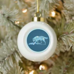 Blue Wolf Ceramic Ball Christmas Ornament