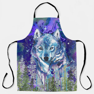 Blue Wolf Colourful Wolf Drawing Abstract Art Apron