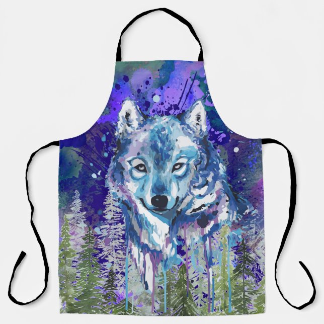 Blue Wolf | Colourful Wolf Drawing | Abstract Art Apron (Front)
