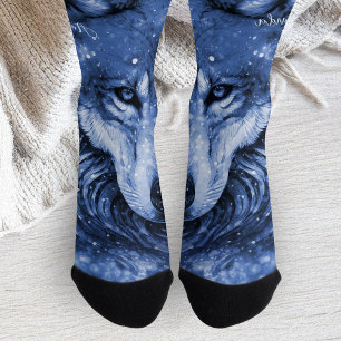 Blue Wolf Cosmic Celestial Sky Stars Personalised Socks