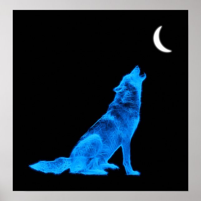 Blue Wolf Howling at Moon Poster (Front)