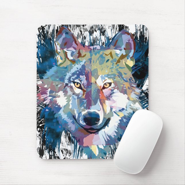 Blue Wolf Mousepad Colorful Wolf Polygon (With Mouse)