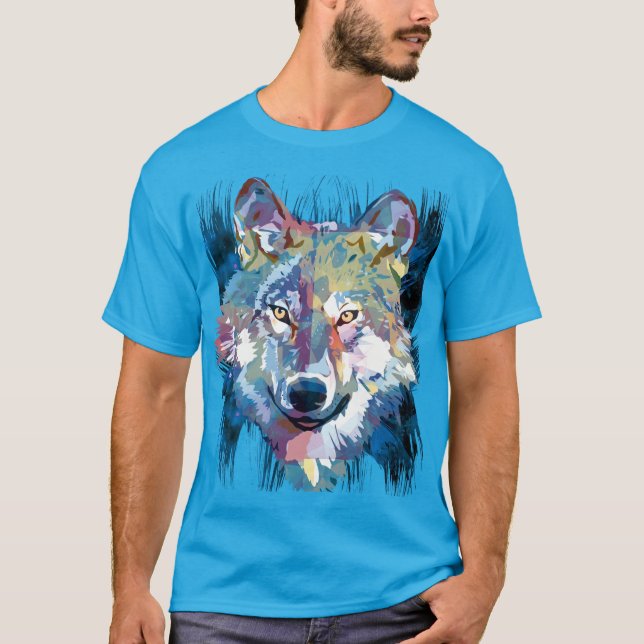 Blue Wolf T-Shirt | Colourful Wolf Drawing Shirt (Front)
