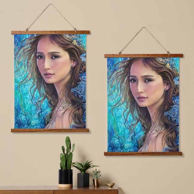 Blue Woman and The Waves | Abstract Art  Hanging Tapestry (Asymmetrical)