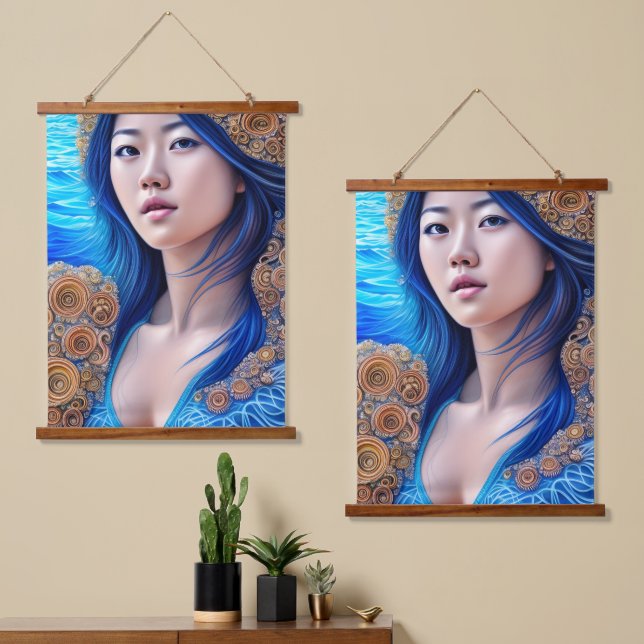 Blue Woman Portrait Abstract Fantasy Art Hanging Tapestry (Asymmetrical)