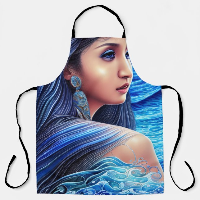 Blue Woman Portrait Fantasy Abstract Surrealism Apron (Front)