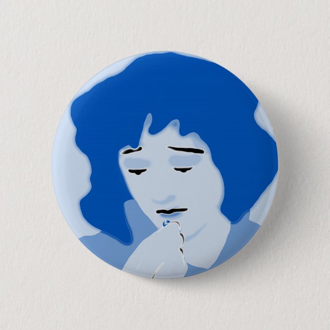 Blue woman swallowing mifepristone 6 cm round badge (Front)