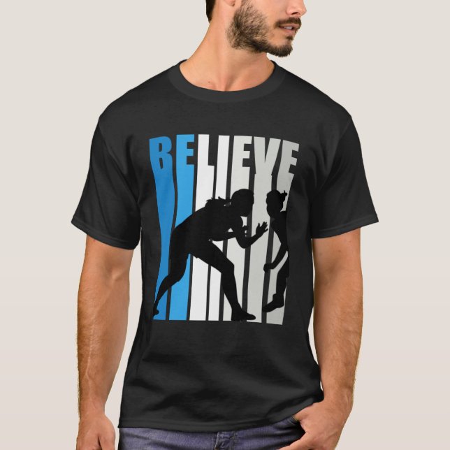 Blue Womens Believe Wrestling Motivational Retro G T-Shirt (Front)
