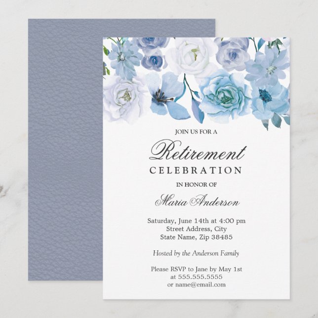 Blue Wonderful Flowers Retirement Party Invite (Front/Back)