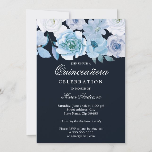 Blue Wonderland Grey Floral Quinceanera Party Invitation (Front)