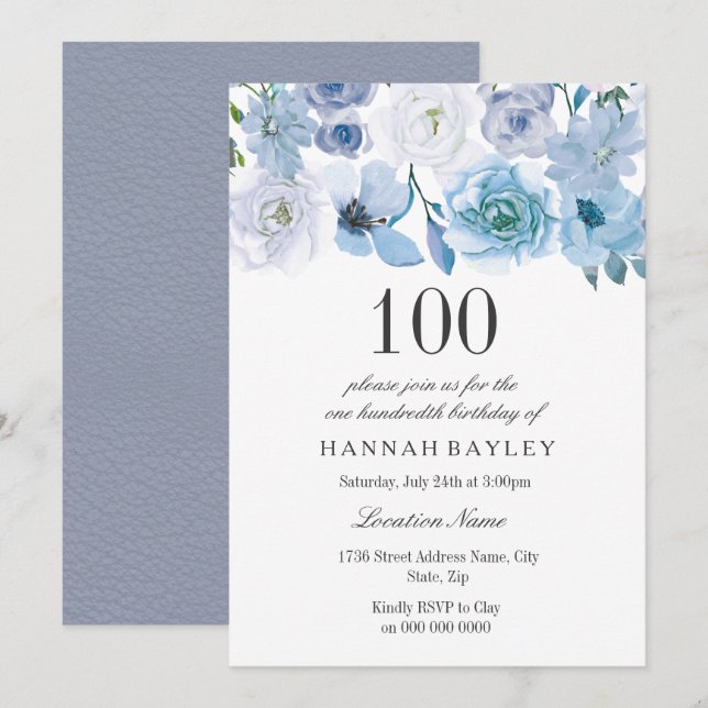 Blue Wonderland Grey Flower 100th Birthday Invite (Front/Back)