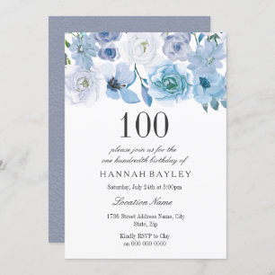 Blue Wonderland Grey Flower 100th Birthday Invite