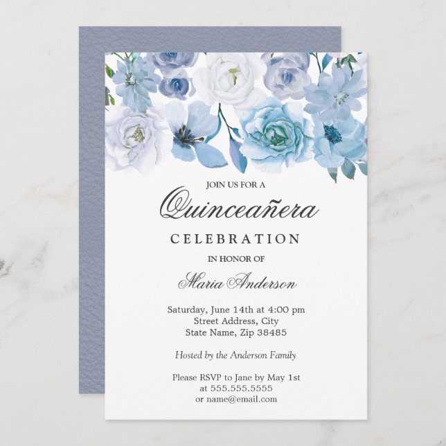 Blue Wonderland Grey Flower Quinceanera Invite (Front/Back)